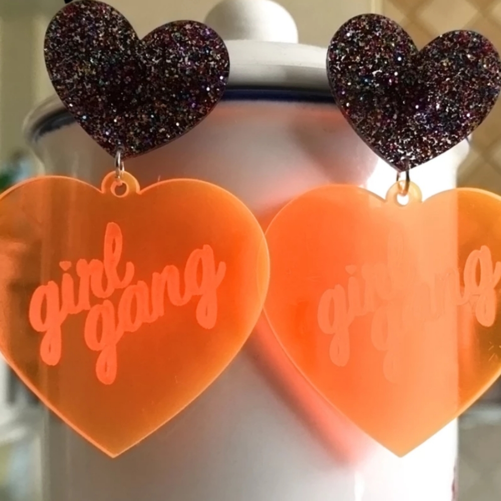 Girl Gang Oversized Glitter Orange Heart Earrings - Picture 3 of 7